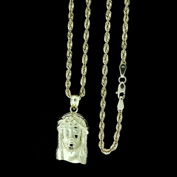 JewelzKing Other - 10K Real Gold Rope Chain and Jesus Face Head Pendant Set
